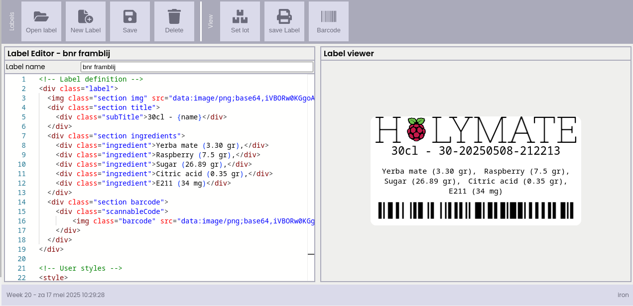 A label editor in the MES system