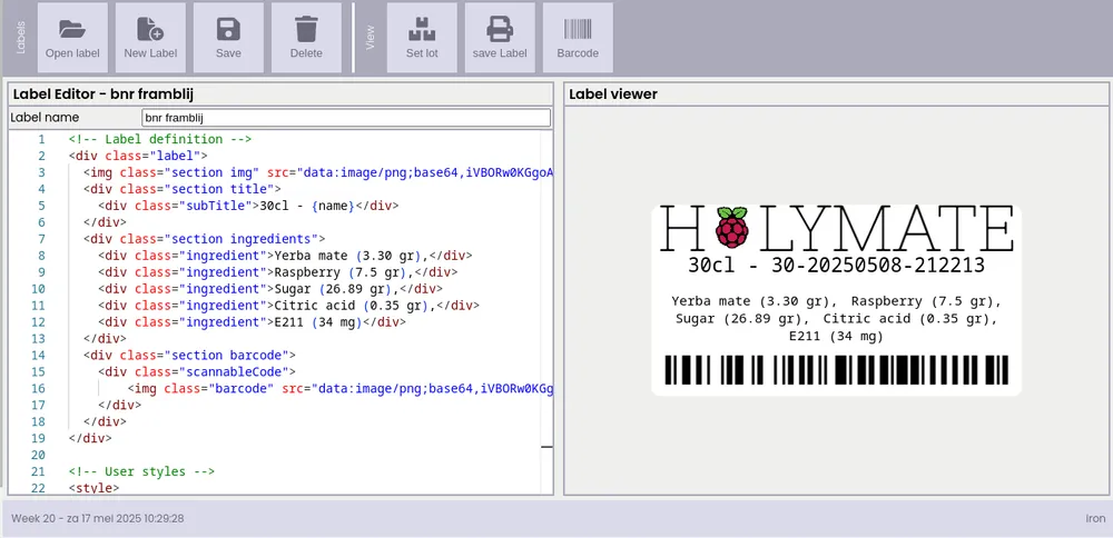A label editor in the MES system